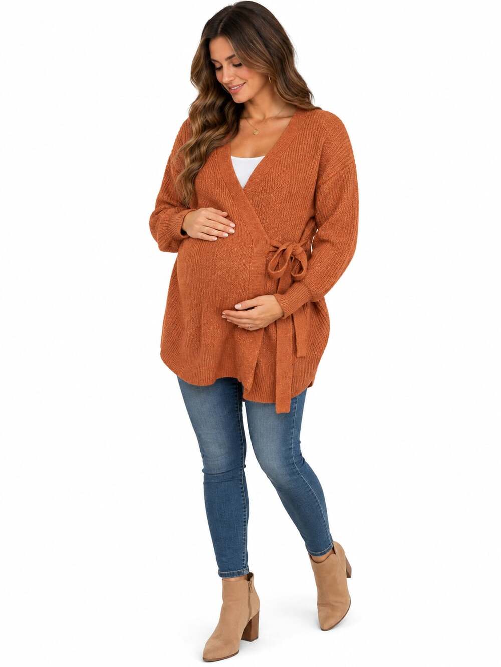 Isabel Maternity V-Neck Wrap Sweater Size M Rust Brown Knit Batwing Long